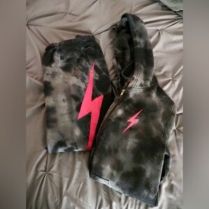 Black and Pink Lightning Bolt Hoodie and Sweatpants Set